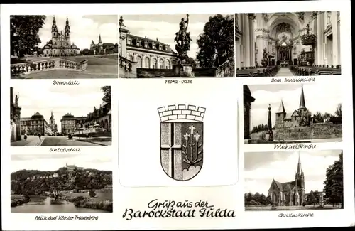 Ak Fulda in Hessen, Wappen, Domplatz, Schlossplatz, Michaelskirche, Christuskirche, Dom, Kloster