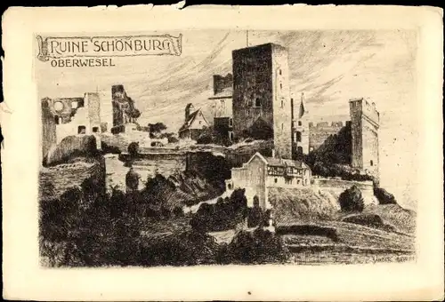 Künstler Ak Oberwesel am Rhein, Ruine Schönburg