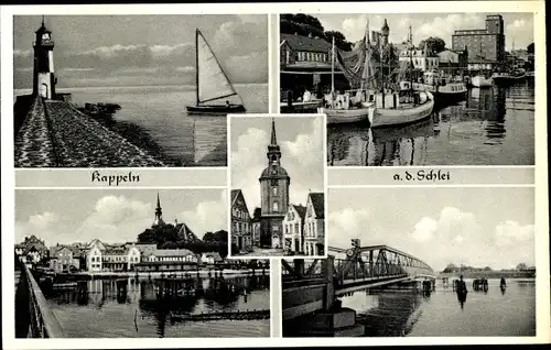 Ak Kappeln an der Schlei, Leuchtturm, Hafen, Brücke, Teilansicht, Kirche, Segelboot