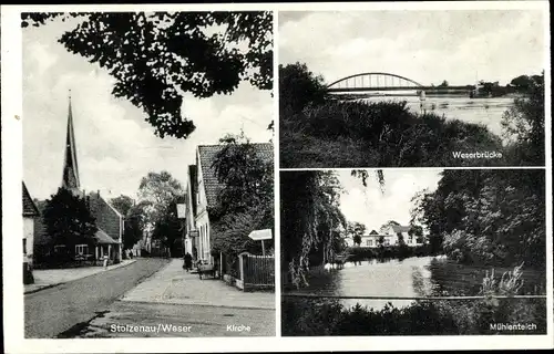 Ak Stolzenau an der Weser, Kirche, Weserbrücke, Mühlenteich