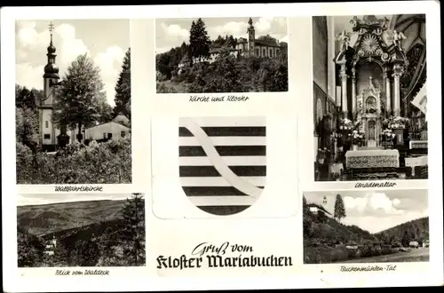 Leporello Ak Mariabuchen Lohr im Spessart Unterfranken, Wallfahrtskirche, Kloster, Altar, Wappen