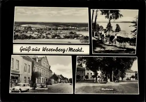 Ak Wesenberg in Mecklenburg, Gesamtansicht, Marktplatz, An der Jugendherberge, Straßenpartie