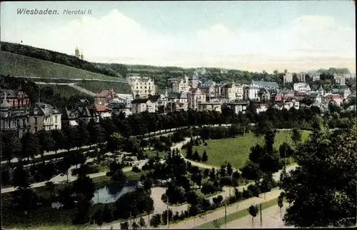 Ak Wiesbaden in Hessen, Ansicht vom Nerotal II, Villen, Park