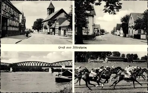 Ak Iffezheim am Rhein, Straßenpartie, Pferderennen, Rheinpartie mit Brücke, Kirche