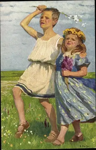 Künstler Ak Bantzer, Dresden Zentrum, Blumentag, Kinder auf der Wiese