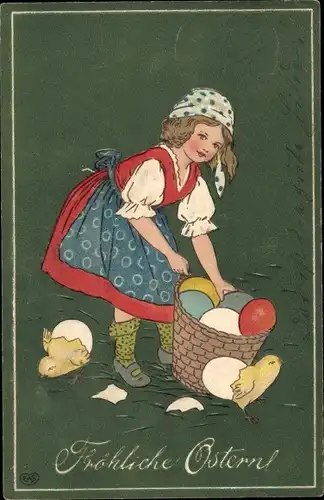 Präge Ak Glückwunsch Ostern, Mädchen, Ostereier, Küken