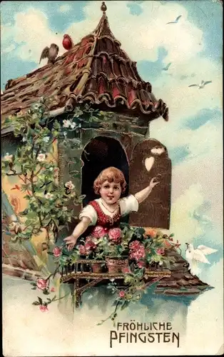 Ak Glückwunsch Pfingsten, Mädchen, Blumen, Rosen, Vögel, Turm