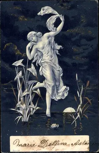Ak Eine Frau im Gewand tanzt über dem Fluss bei Nacht