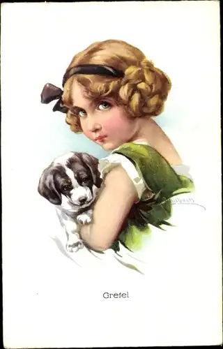 Künstler Ak Schilbach, Gretel, Mädchen mit Hund, Portrait