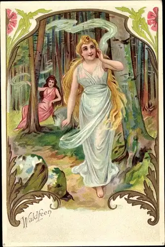 Litho Waldfeen, Junge Frauen im Wald, Bäume