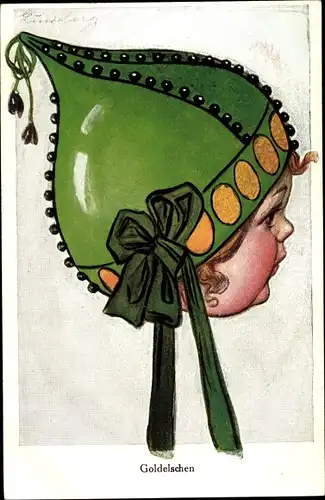 Künstler Ak Goldelschen, Kind-Portrait, Grüne Mütze