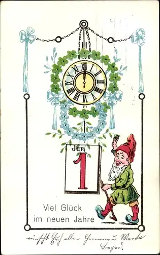 Ak Glückwunsch Neujahr, Uhr, Kalender, Vergissmeinnicht, Zwerg