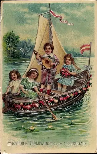 Ak Glückwunsch Geburtstag, Kinder im Ruderboot, Glitzer, Blumen, Fahne, Mandoline