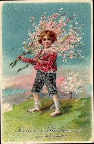 Ak Glückwunsch Geburtstag, Kind, Blühende Bäume, Glitzer