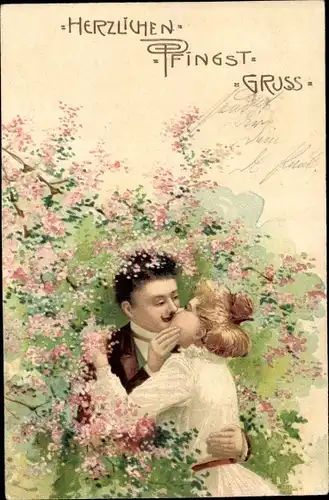Litho Glückwunsch Pfingsten, Liebespaar, Kuss, Blühender Baum