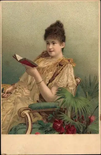 Litho Portrait einer Frau beim Buchlesen, Blumen, Stuhl