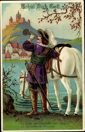 Präge Ak Trompeter von Säckingen, Pferd, Fluss, Behüt Dich Gott