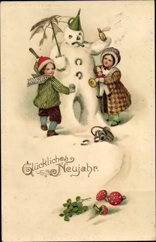Präge Ak Glückwunsch Neujahr, Kinder, Schneemann, Pilze, Glücksklee, Hufeisen