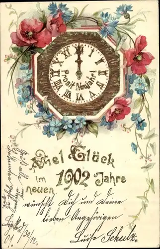 Präge Litho Glückwunsch Neujahr 1902, Blumen, Uhr, Vergissmeinnicht