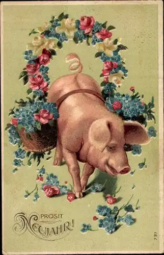 Präge Ak Glückwunsch Neujahr, Schwein, Blumen, Vergissmeinnicht, Rosen
