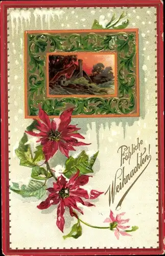 Passepartout Ak Glückwunsch Weihnachten, Blumen, Dorfpartie