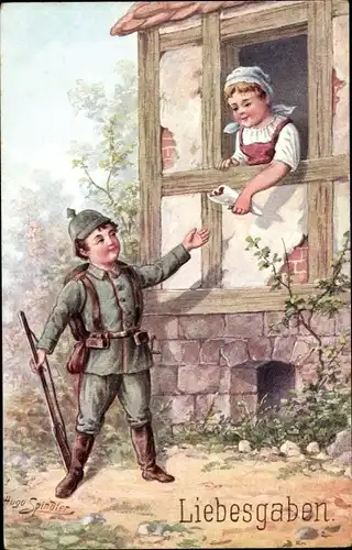 Künstler Ak Spindler, H., Junger Soldat, Mädchen am Fenster, Liebesgaben