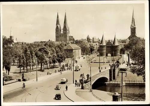 Ak Lübeck in Schleswig Holstein, Ortsansicht, Jakobikirche, Holstentor, Petrikirche, Marienkirche