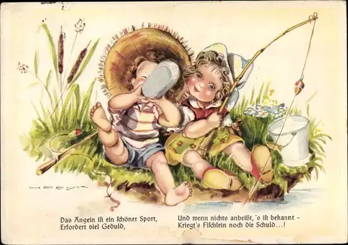 Künstler Ak Peyk, Kinder beim Angeln, Teich, Eimer, Das Angeln ist ein schöner Sport...
