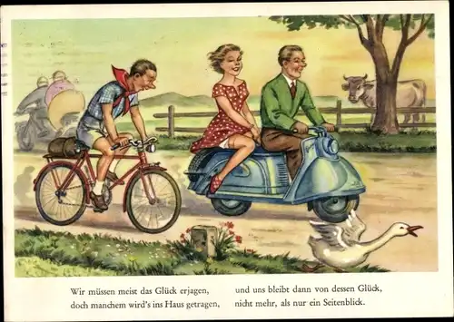 Ak Wir müssen meist das Glück erjagen, Paar auf Motorrad, Radfahrer