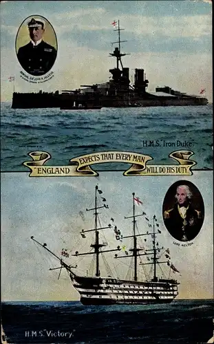 Ak Brit. Kriegsschiff, HMS Iron Duke, HMS Victory, England expects that every man will do his duty