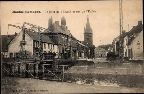 Ak Maulde-Mortagne Orne, Le pont de l'Escaut et rue de l'Eglise