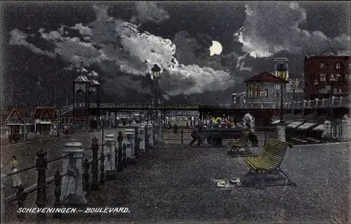 Ak Scheveningen Den Haag Südholland, Boulevard, Promenade, bei Nacht