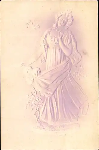 Jugendstil Präge Litho Frau im langen Kleid umgeben von Blumen und Schmetterlingen
