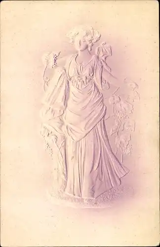 Jugendstil Präge Litho Frau im langen Kleid mit Weintrauben
