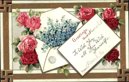 Präge Litho Rosen und Vergissmeinnicht, wish you all you wish yourself