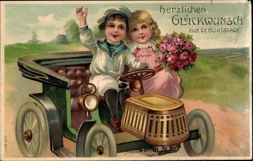 Präge Litho Glückwunsch Geburtstag, Junge und Mädchen mit Rosenstrauß im Automobil