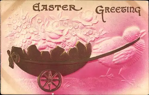 Präge Litho Glückwunsch Ostern, Küken zieht Eierkarren mit Blumen