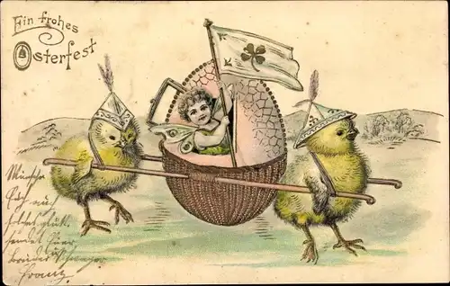 Präge Litho Glückwunsch Ostern, Vermenschlichte Küken tragen Elfe in einer Eiersänfte