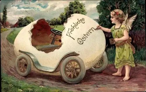 Präge Litho Glückwunsch Ostern, Engel beschreibt Eierauto