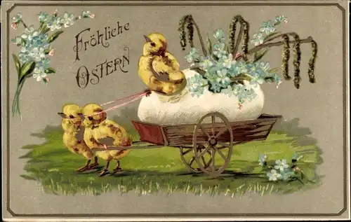 Litho Glückwunsch Ostern, Küken ziehen Karren mit Ei, Vergissmeinnicht