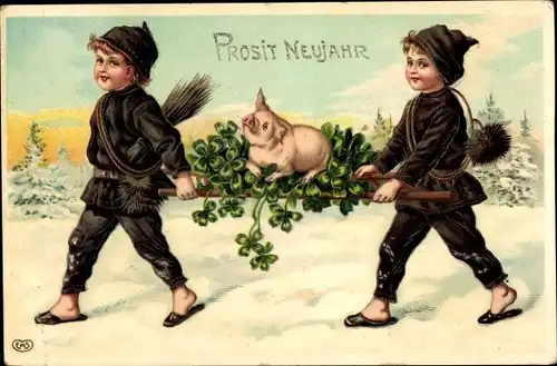 Präge Litho Glückwunsch Neujahr, Schornsteinfeger tragen Schwein auf Kleeblättern