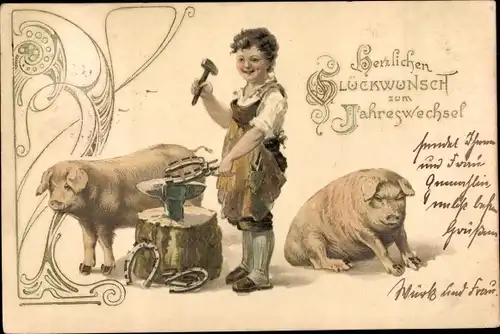 Präge Litho Glückwunsch Neujahr, Schmied schmiedet Hufeisen, Schweine