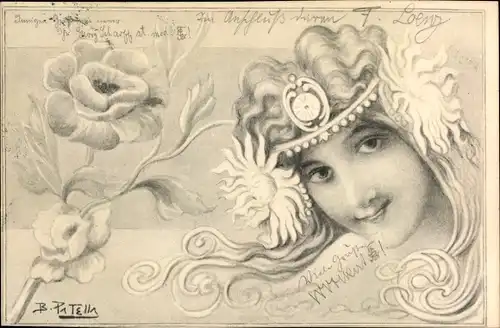 Jugendstil Künstler Ak Patella, Frau mit Haarschmuck, Blüten
