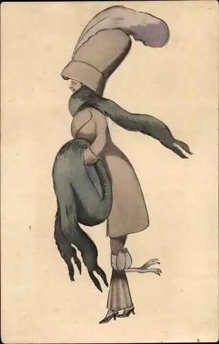 Künstler Ak Frau mit großem Hut und Pelzstola