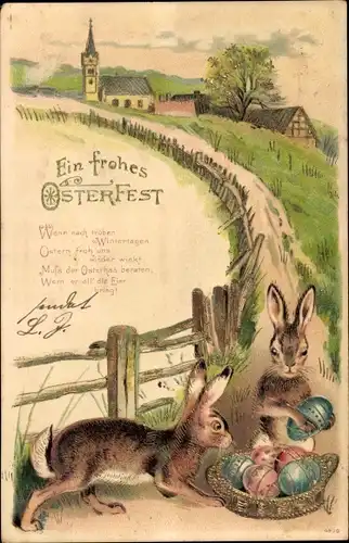 Präge Litho Glückwunsch Ostern, Zwei Hasen mit bunten Ostereiern, Ortschaft