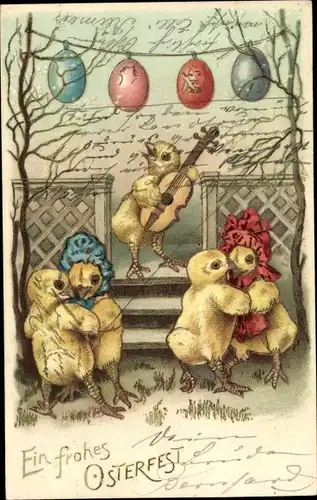 Litho Glückwunsch Ostern, Tanzende Küken, Gitarre, Eier als Lampions