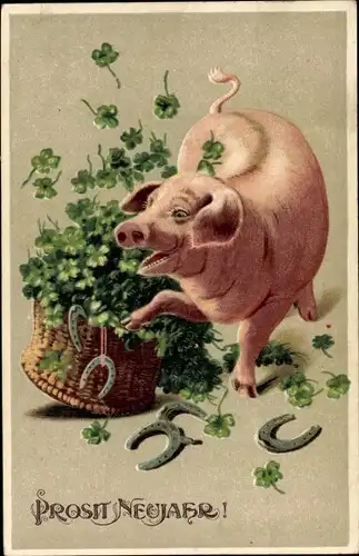 Ak Glückwunsch Neujahr, Schwein, Korb mit Kleeblättern und Hufeisen
