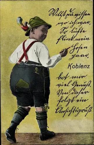 Leporello Ak Koblenz am Rhein, Junge in Tracht, Gedicht