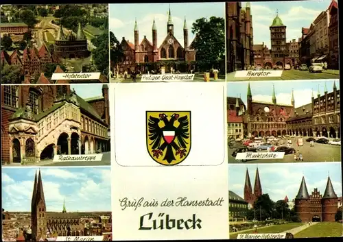 Ak Hansestadt Lübeck, Holstentor, Marktplatz, St.Marien, Burgtor, Rathaustreppe, Wappen