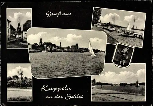 Ak Kappeln an der Schlei, Kirche, Windmühle, Hafen, Segelboot, Wappen